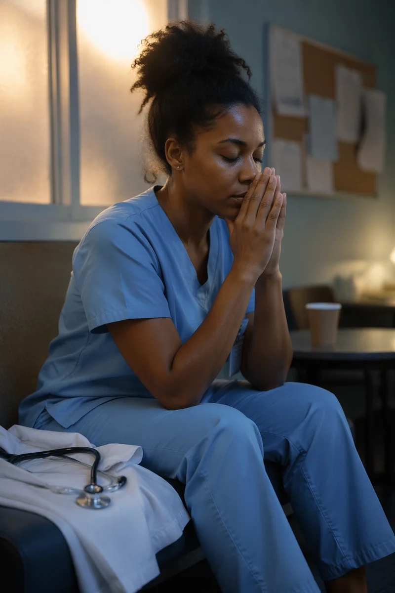 Tired Healthcare Worker Praying After Shift