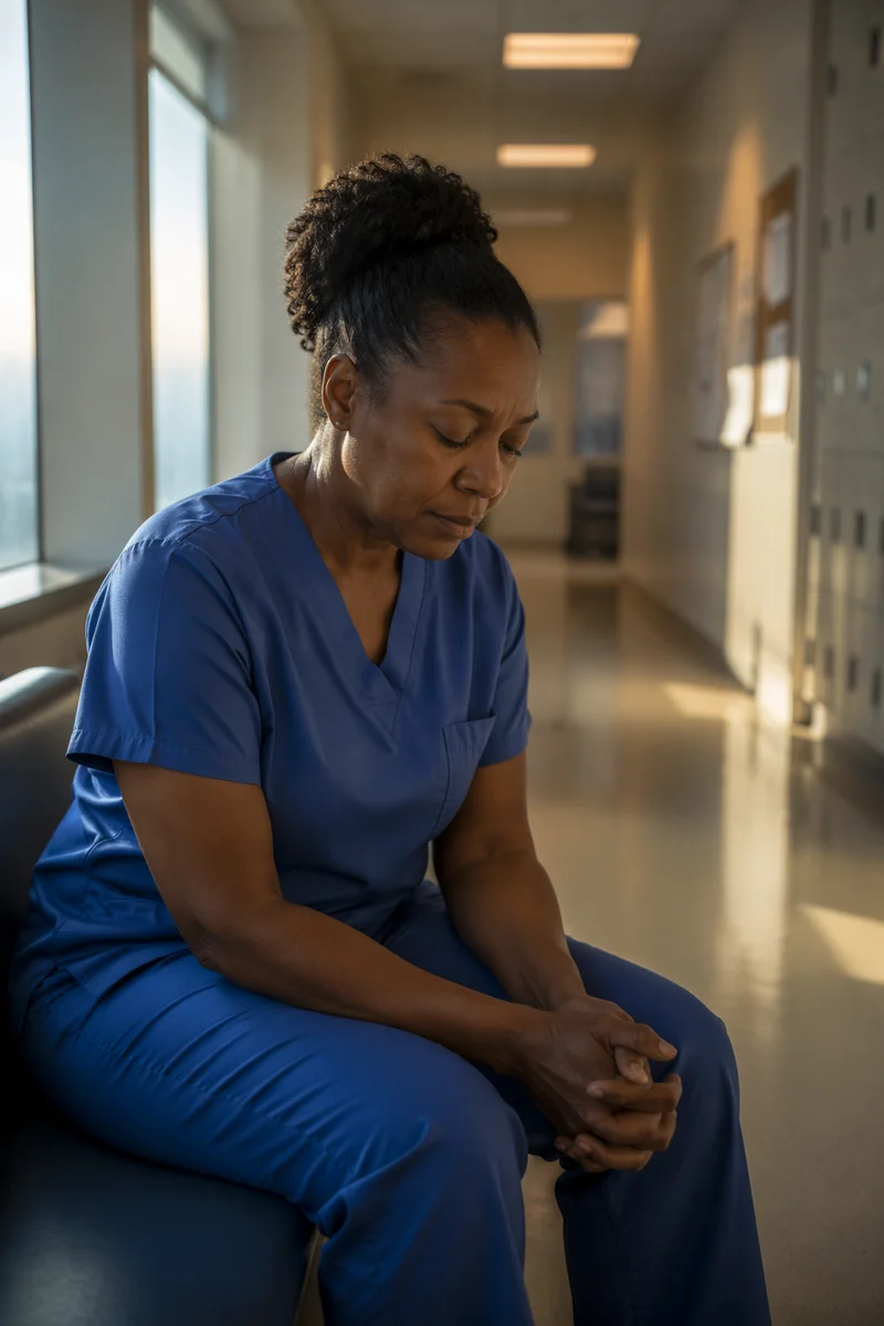 Tired Healthcare Worker Praying in Corridor