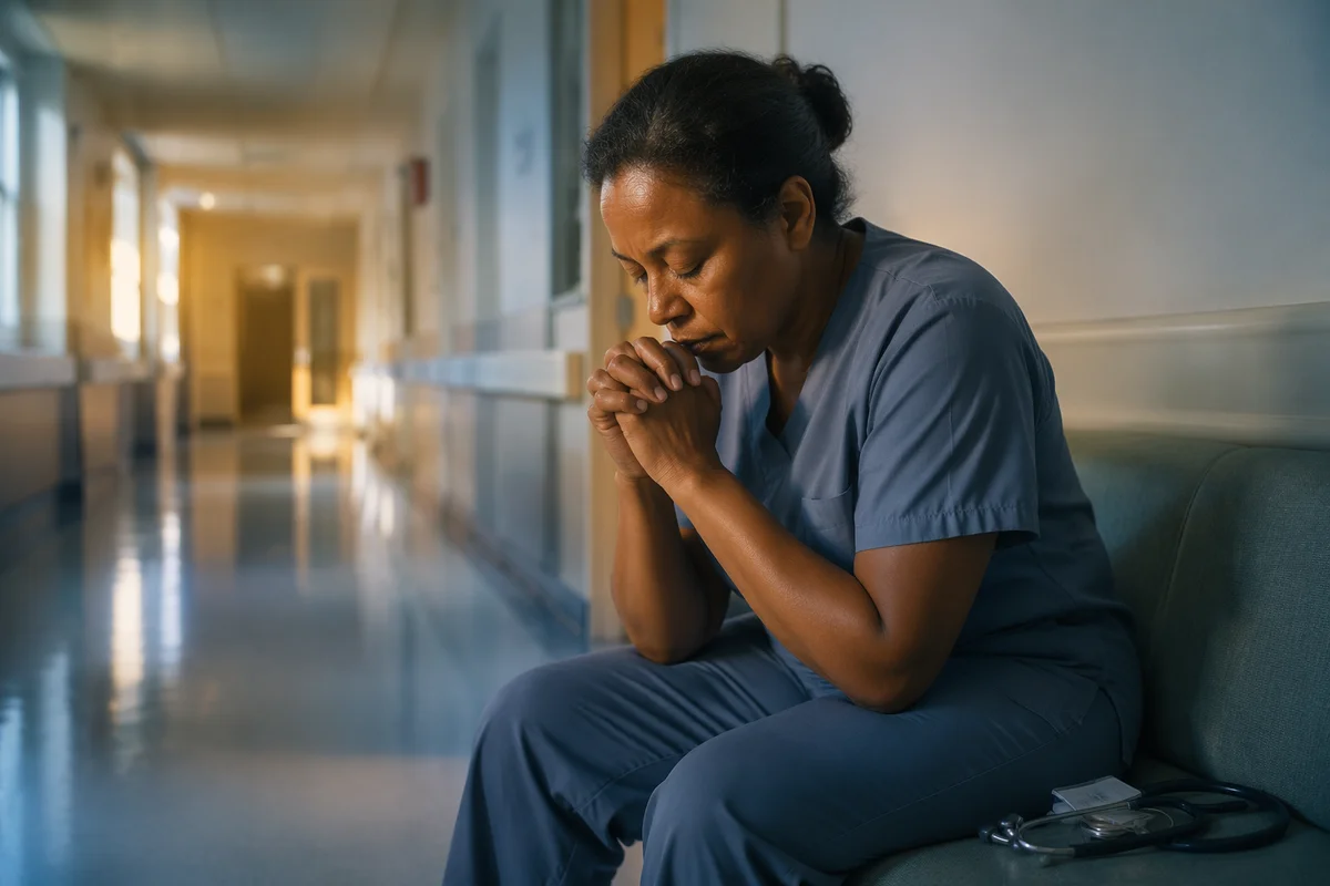 Tired Healthcare Worker Praying in Corridor
