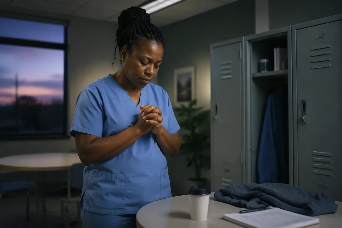 Tired Nurse Praying After Hospital Shift