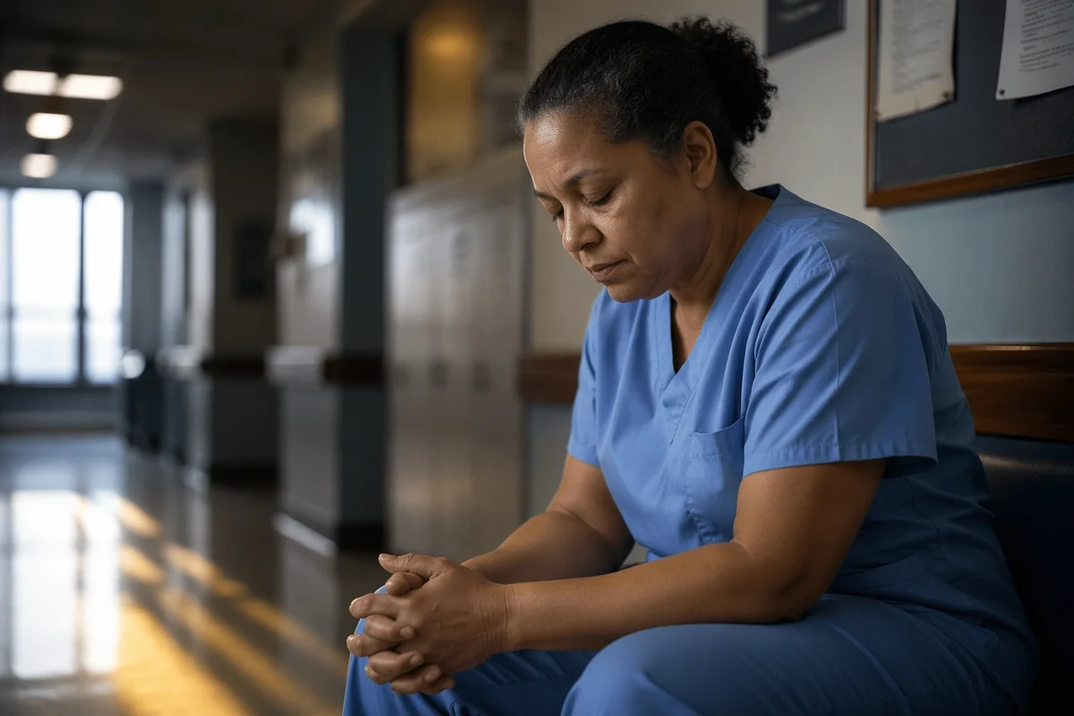 Tired Healthcare Worker Praying in Corridor