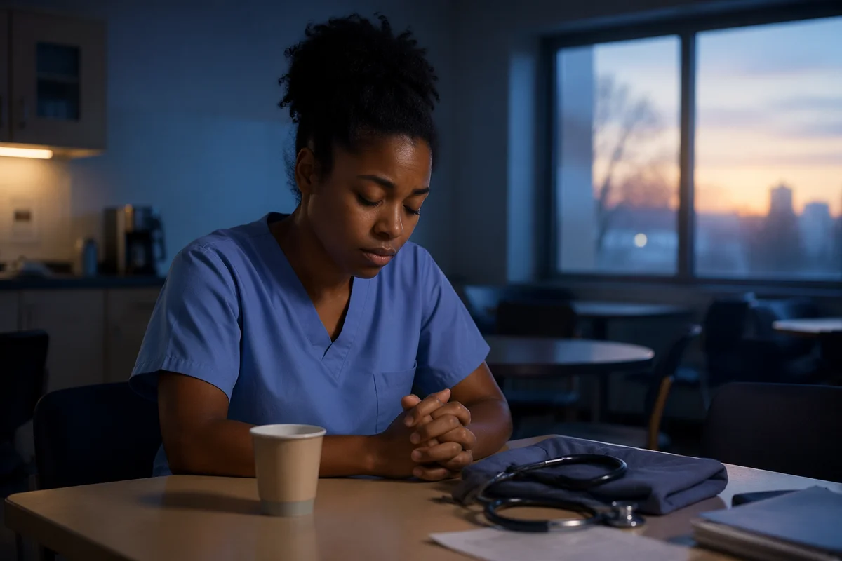 Tired Nurse Praying in Break Room