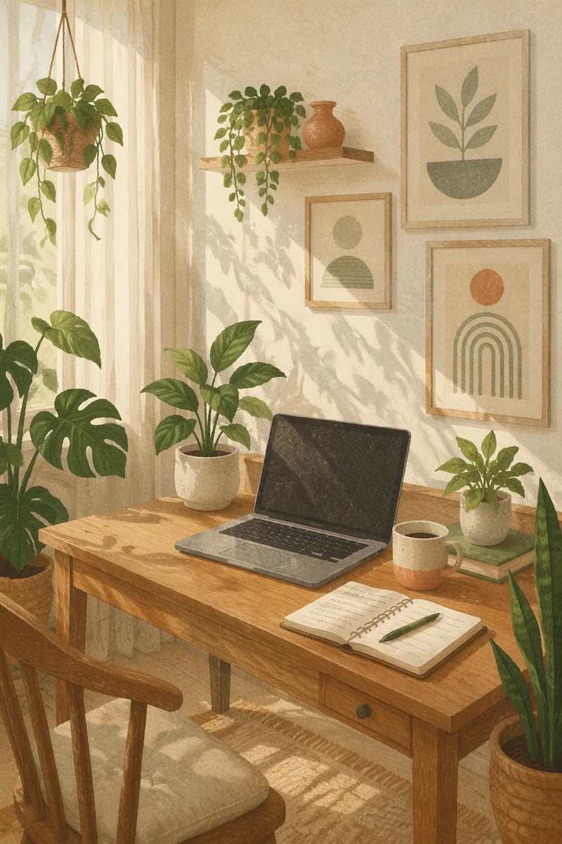Peaceful Home Office with Plants and Prints