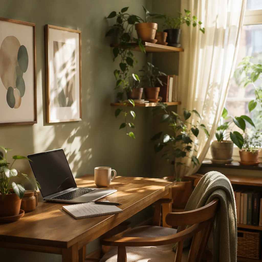 Cozy Home Office with Plants and Prints