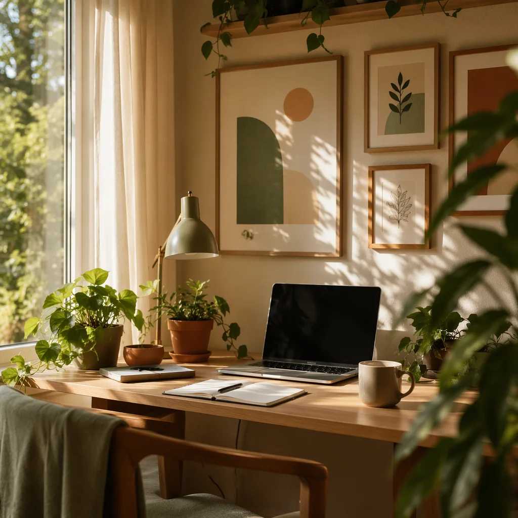 Serene Home Office with Plants and Prints