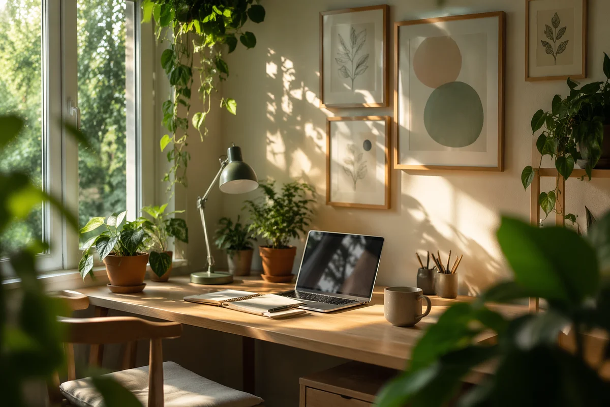 Serene Home Office with Plants and Prints