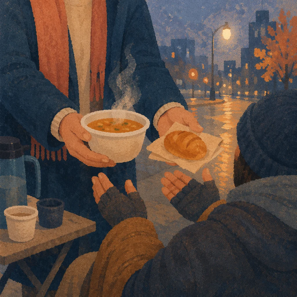 Compassionate Meal Outreach on Rainy Sidewalk