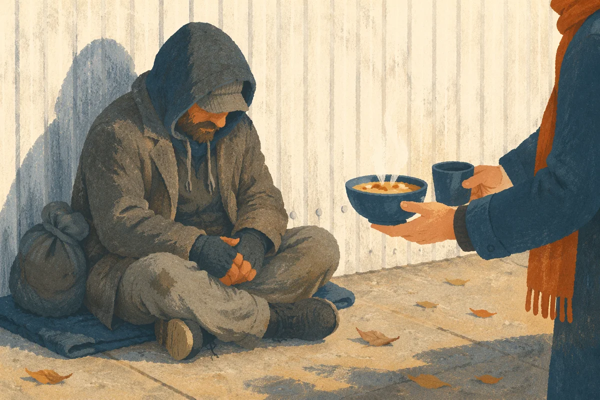 Volunteer Hands Offering Warm Meal Outdoors
