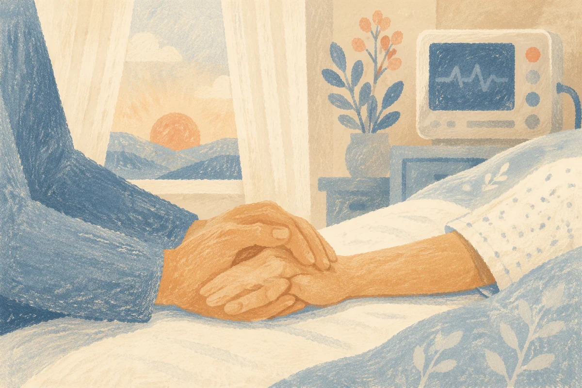 Bedside Prayer Holding Patient Hand at Dawn