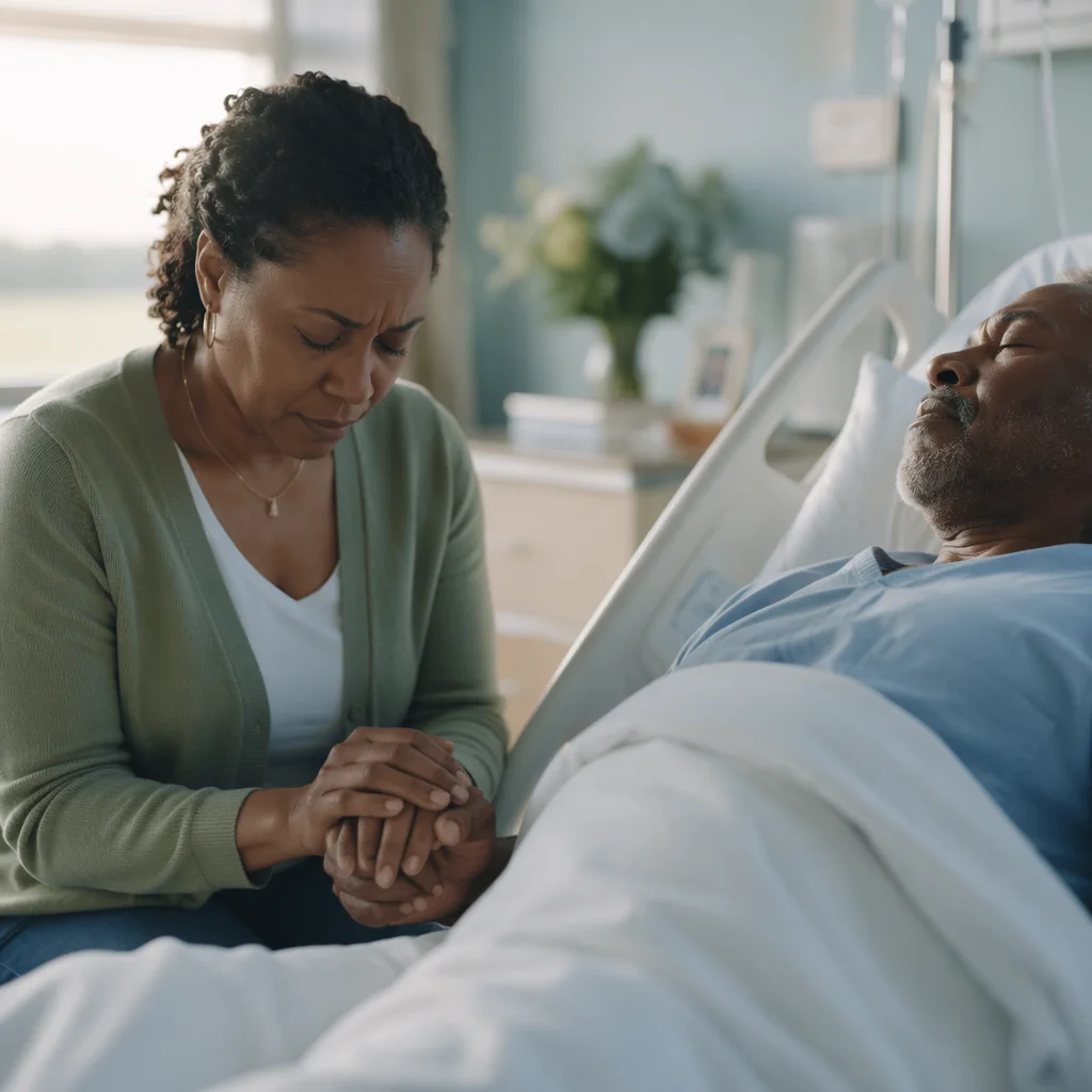 Woman Praying Beside Hospital Bed