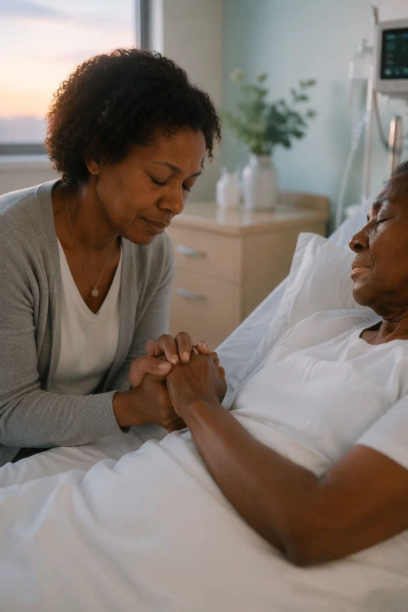Woman Praying Beside Hospital Patient