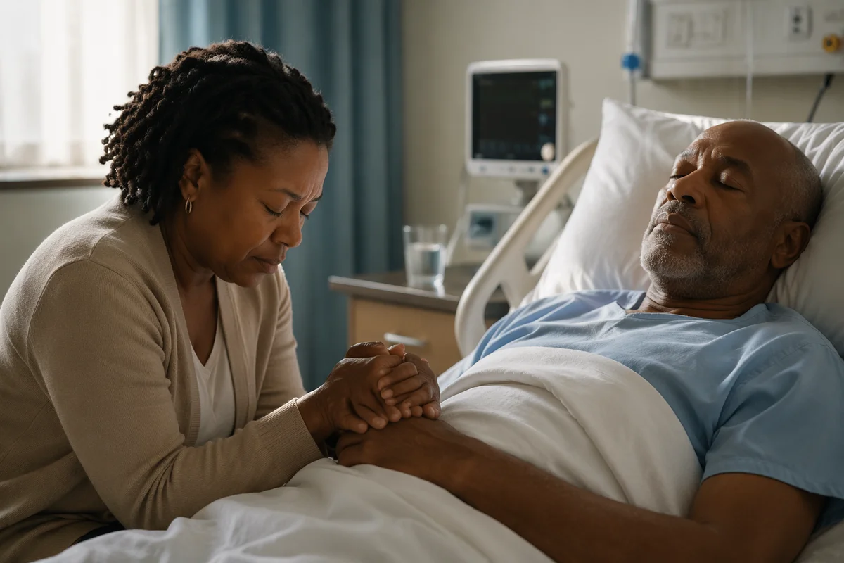 Woman Praying Beside Hospital Patient