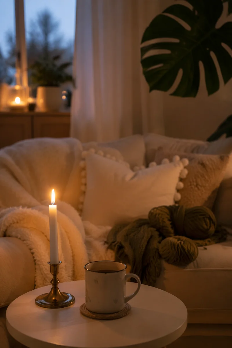 Cozy Hygge Living Room Candle Evening