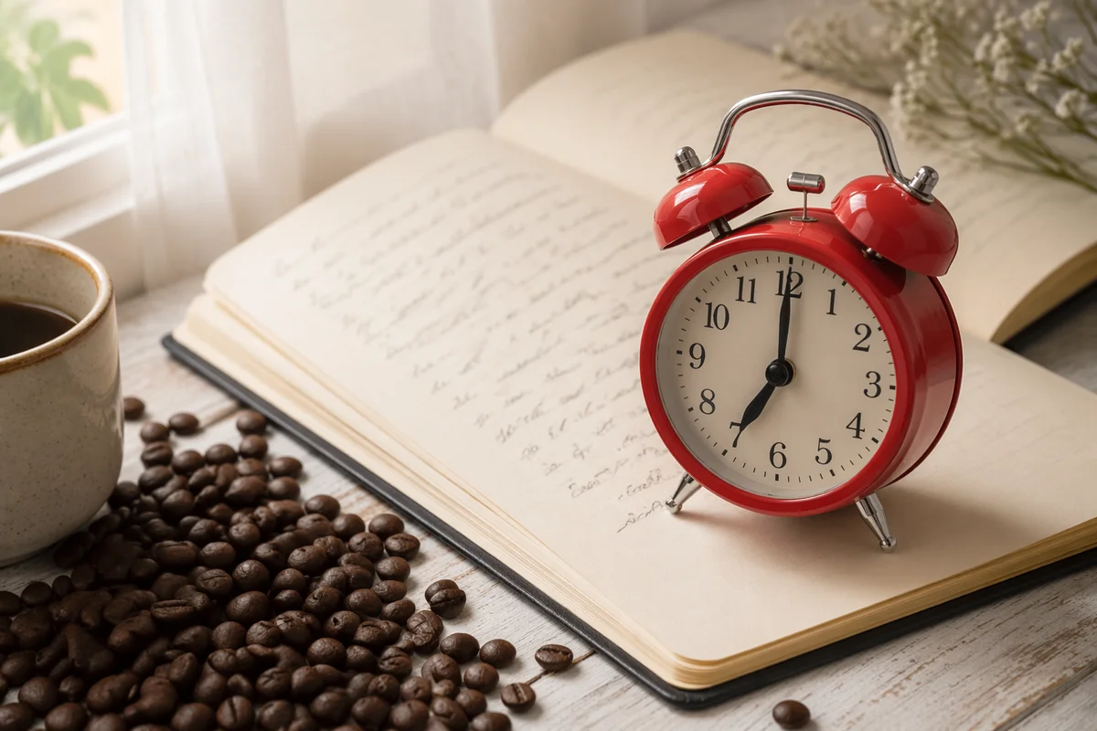Quiet Morning Journaling with Coffee and Clock