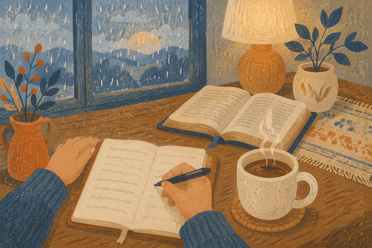 Hands Writing Journal Beside Morning Coffee