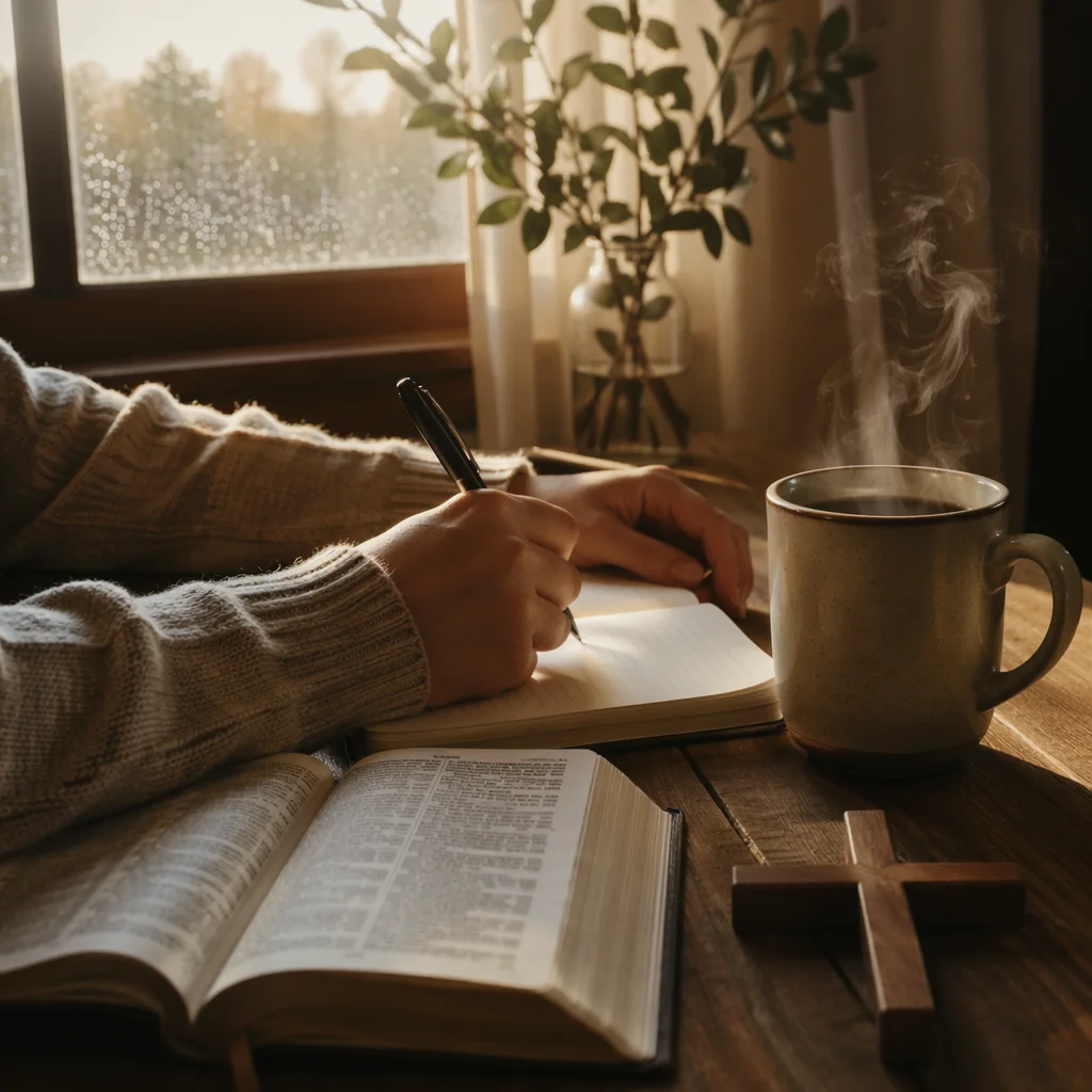 Hands Writing Beside Coffee and Cross