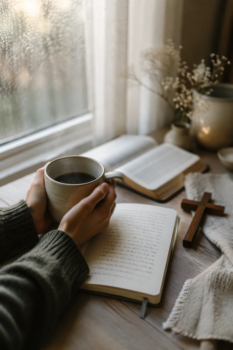 Hands Holding Coffee by Rainy Window