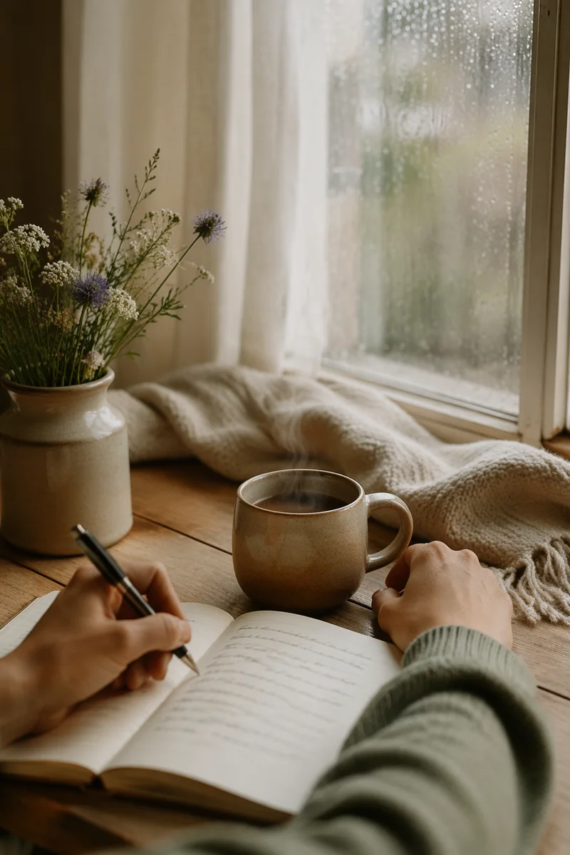 Morning Journaling with Coffee by Rainy Window