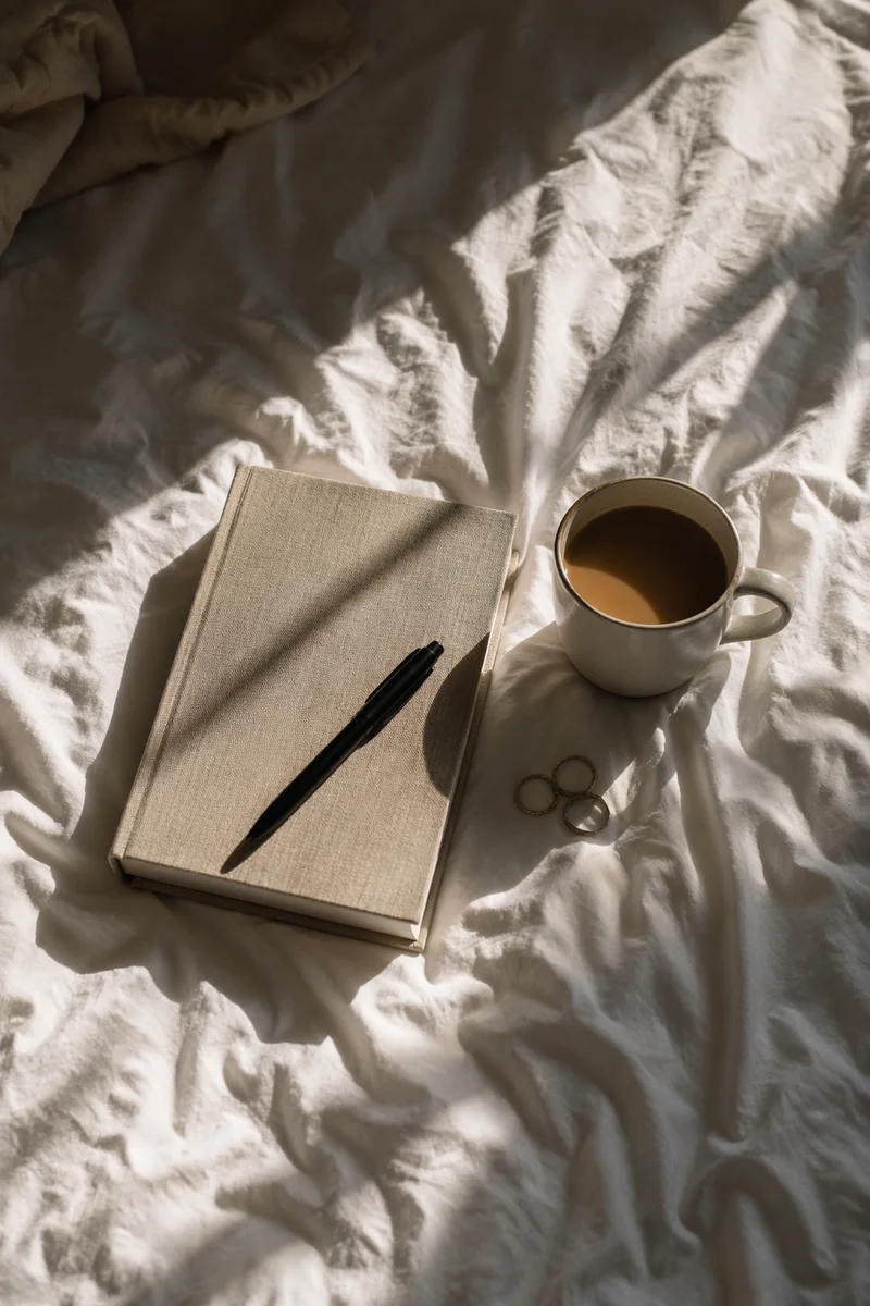Morning Coffee and Notebook on Bedding