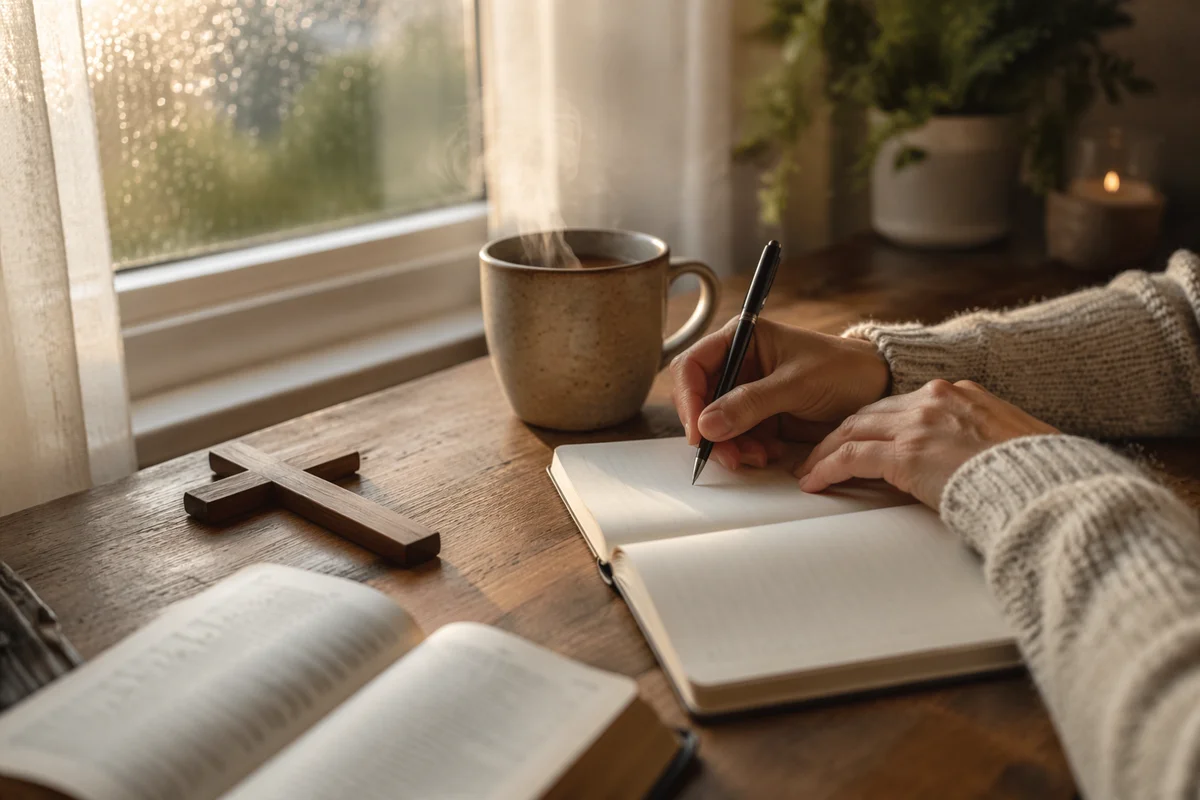Hands Writing by Window with Coffee