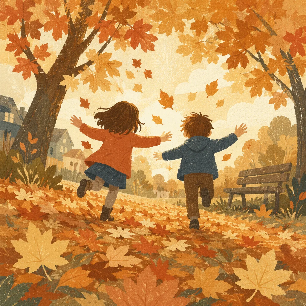 Children Running Through Golden Autumn Park