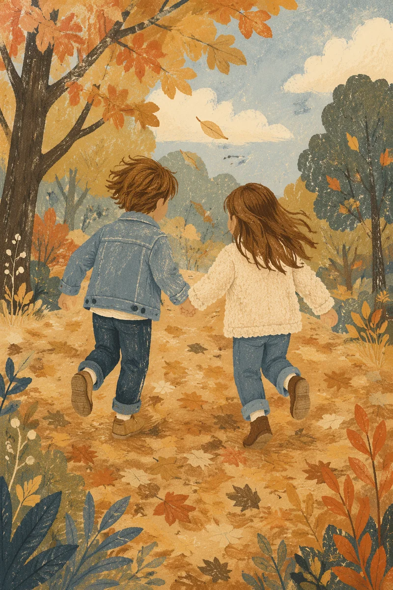 Children Running Through Autumn Park Leaves