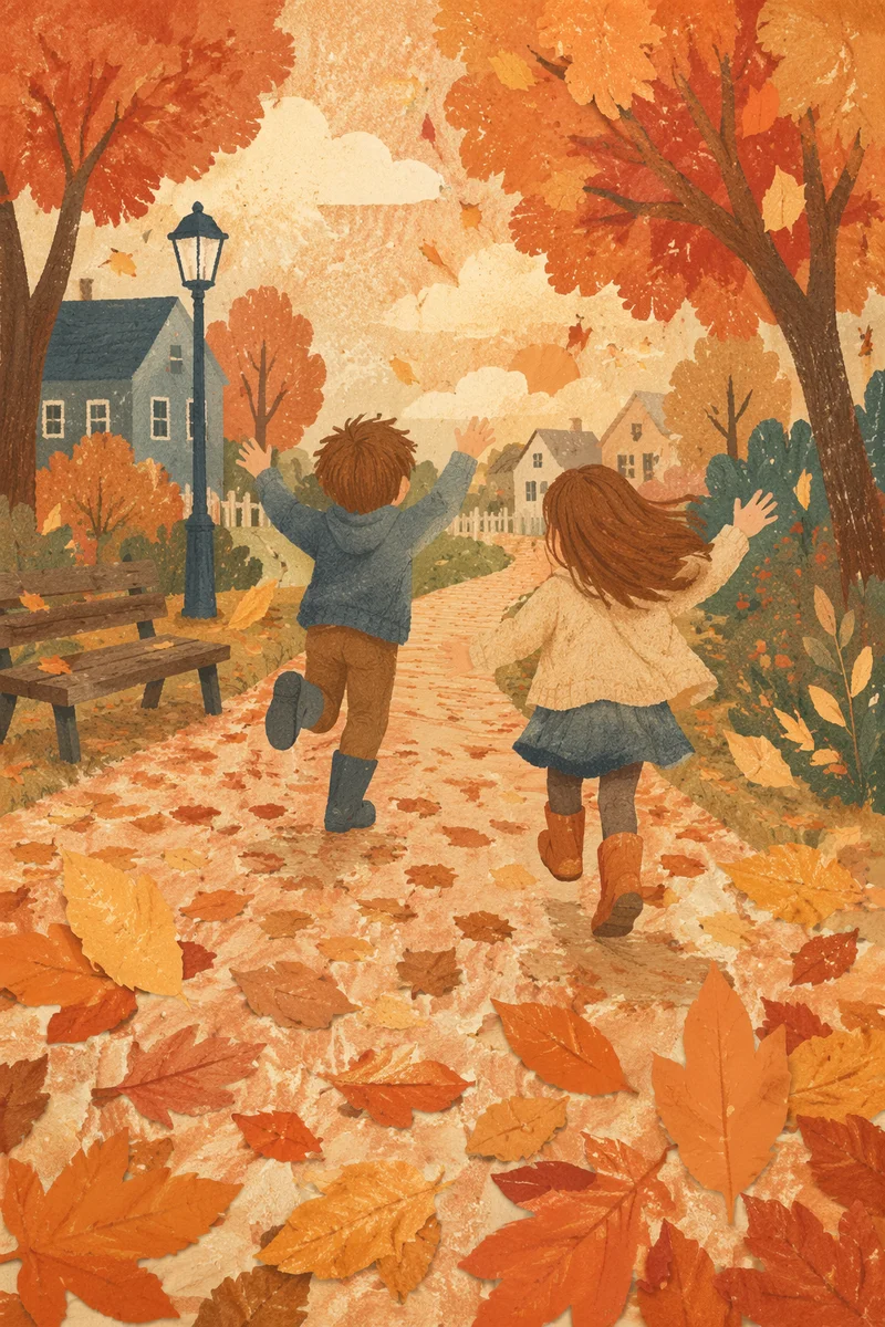 Children Running Through Golden Autumn Park