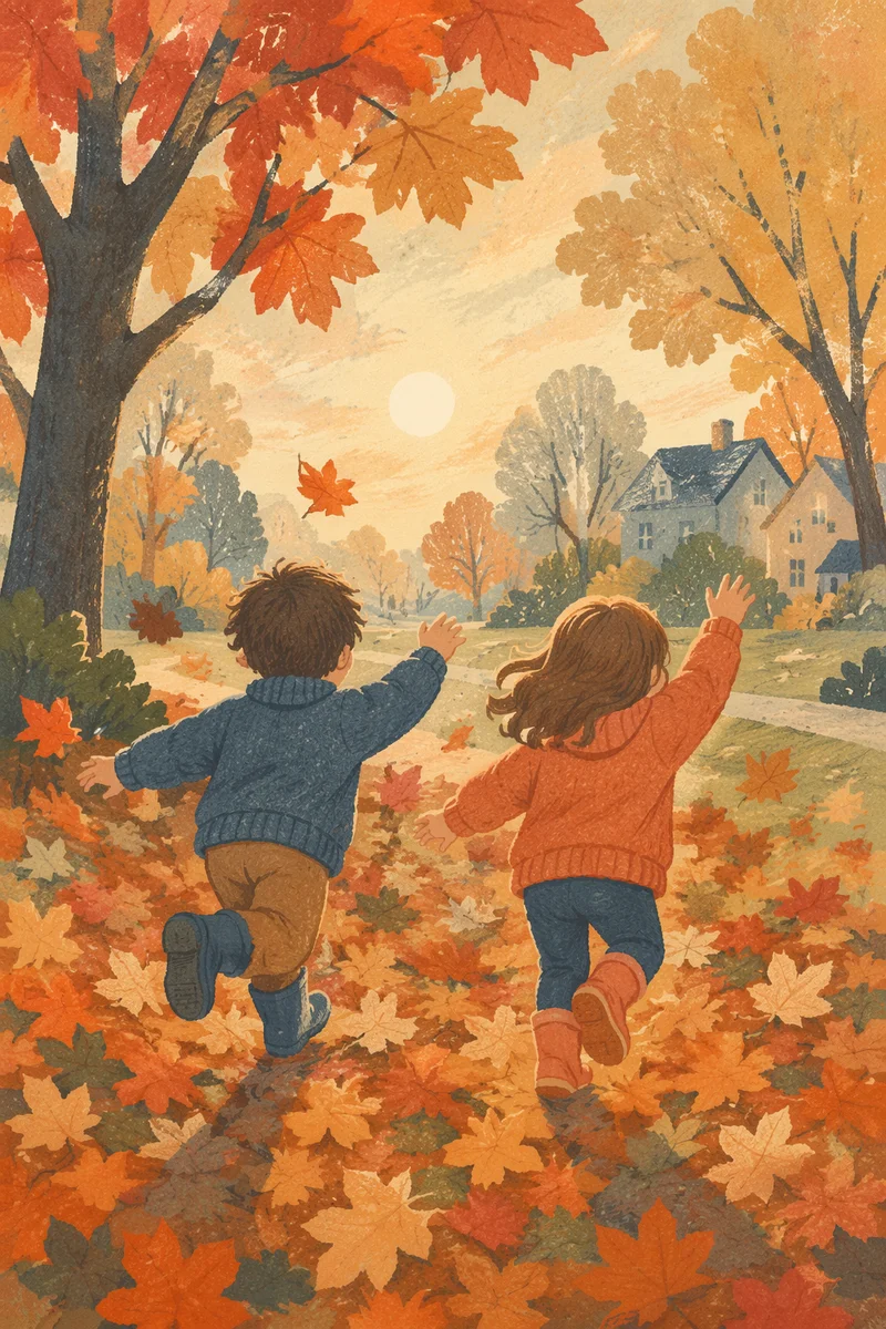 Children Running Through Autumn Park Leaves