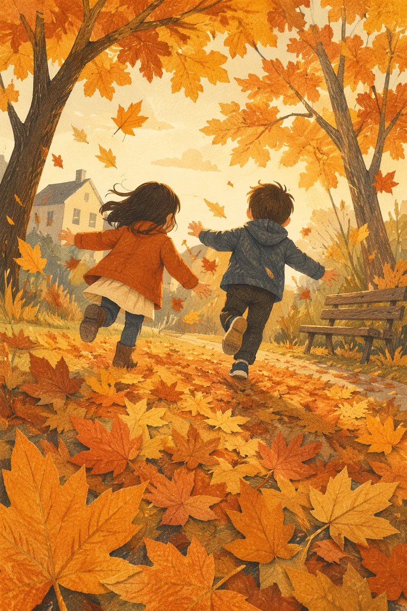 Children Running Through Golden Autumn Park