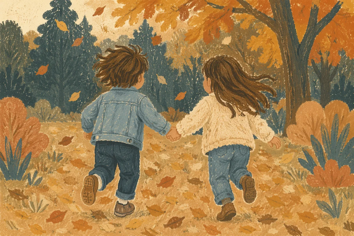 Children Running Through Autumn Park Leaves