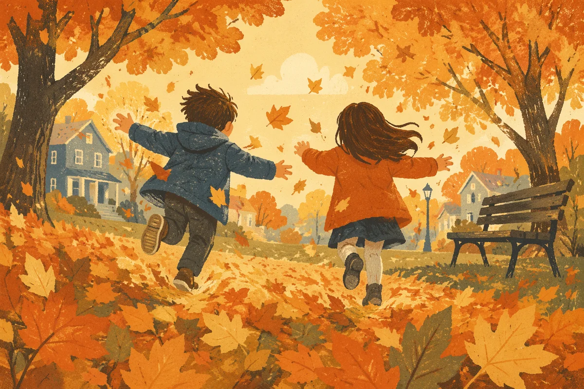 Children Running Through Golden Autumn Park