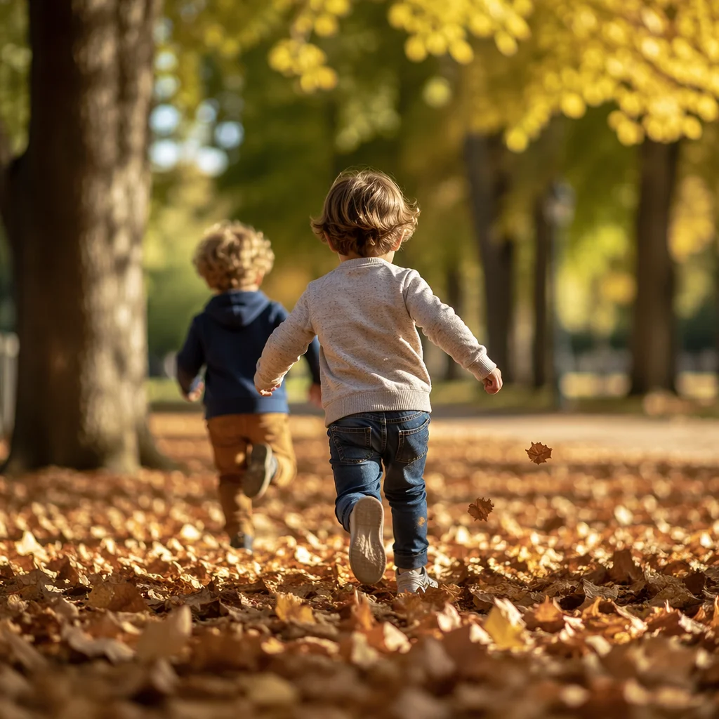 Kids Running Through Autumn Leaves Park