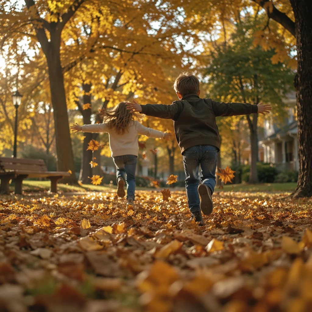 Children Running Through Golden Autumn Park