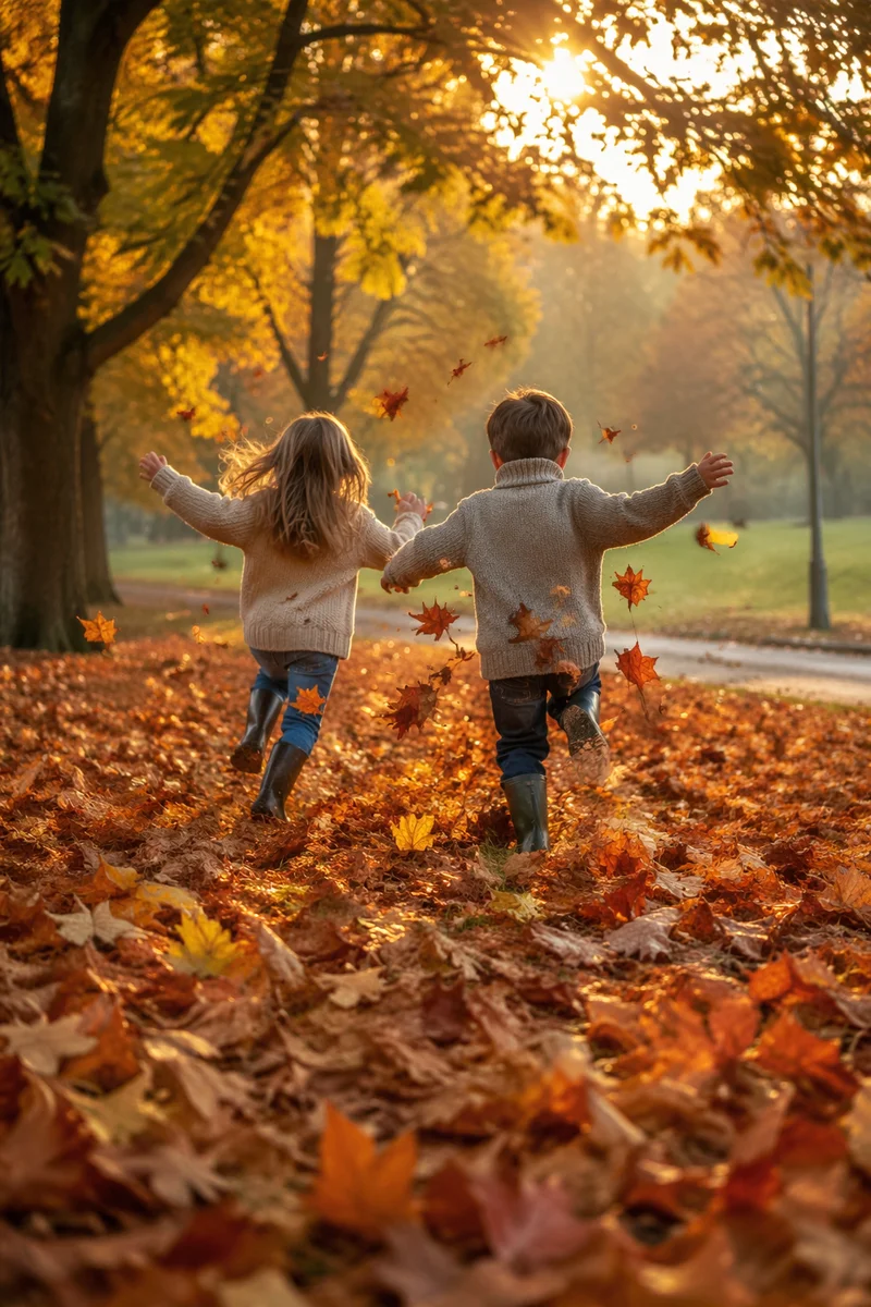 Children Running Through Autumn Leaves Park