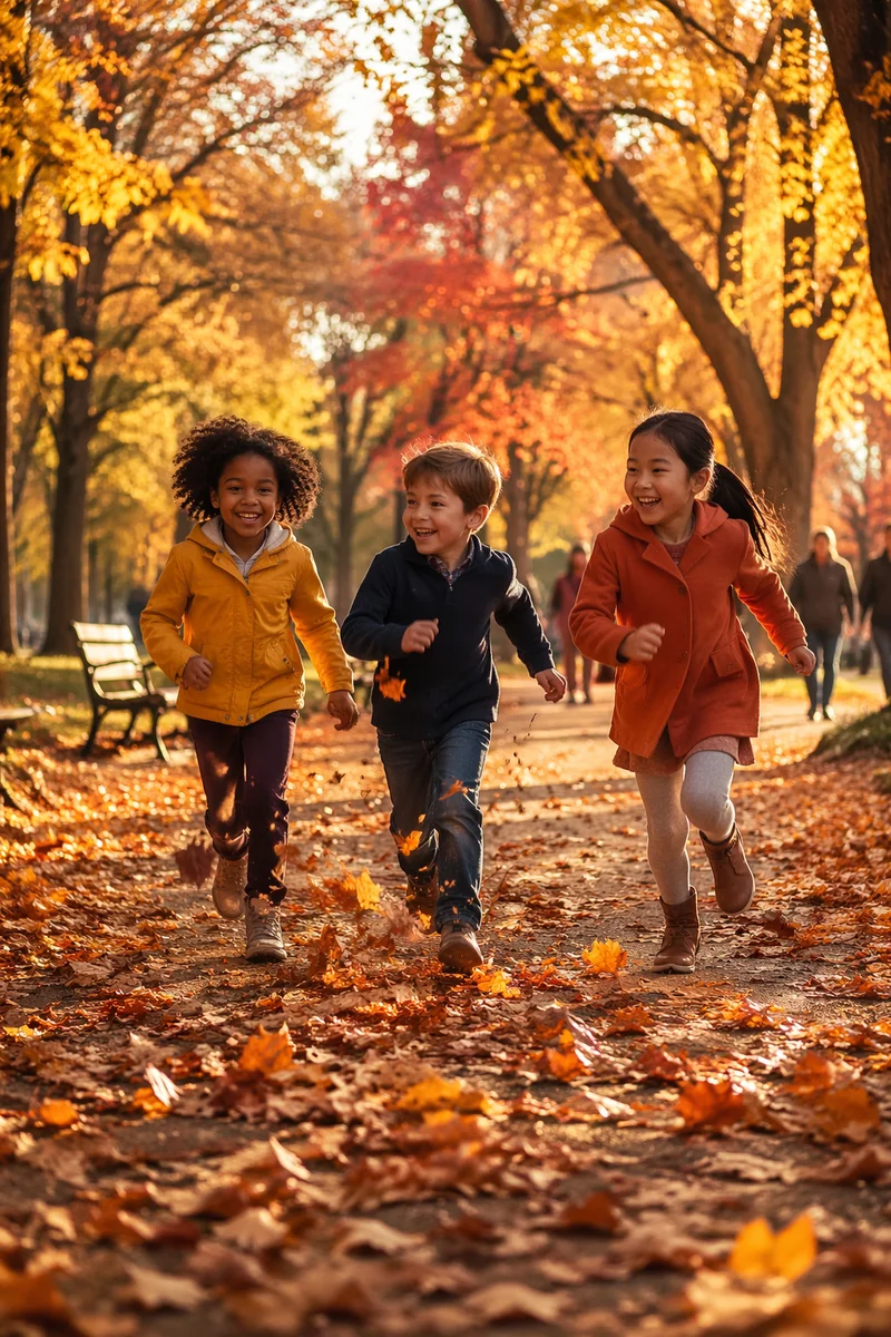 Children Running on Autumn Park Path
