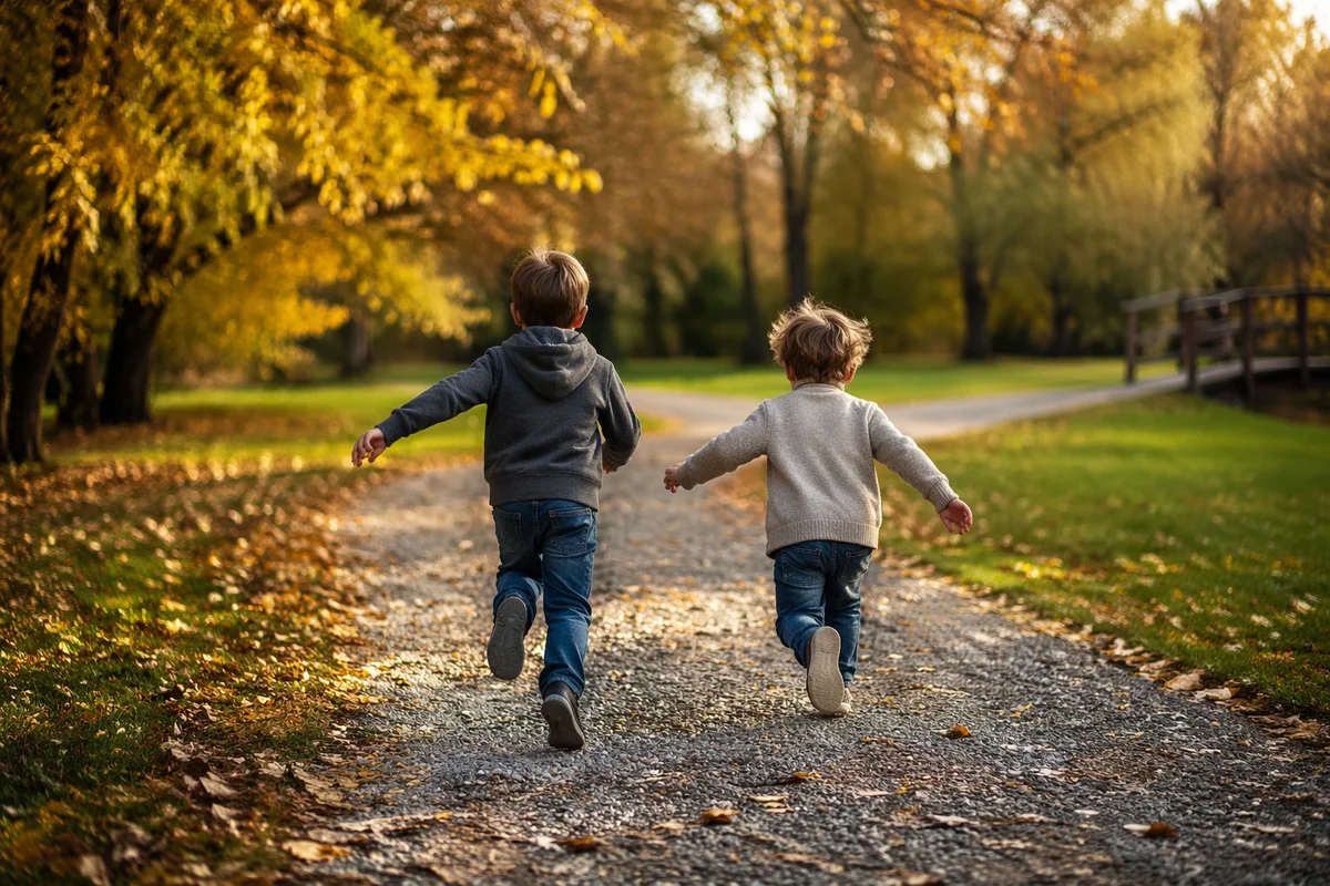 Children Running Through Autumn Park Path