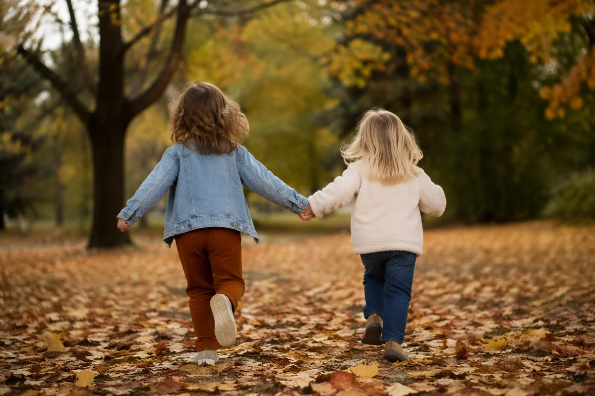 Children Running Through Golden Autumn Park