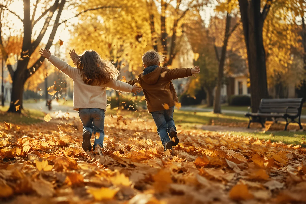 Children Running Through Golden Autumn Park