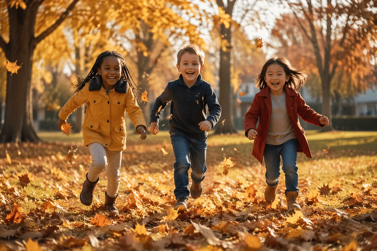 Three Children Running Through Autumn Park