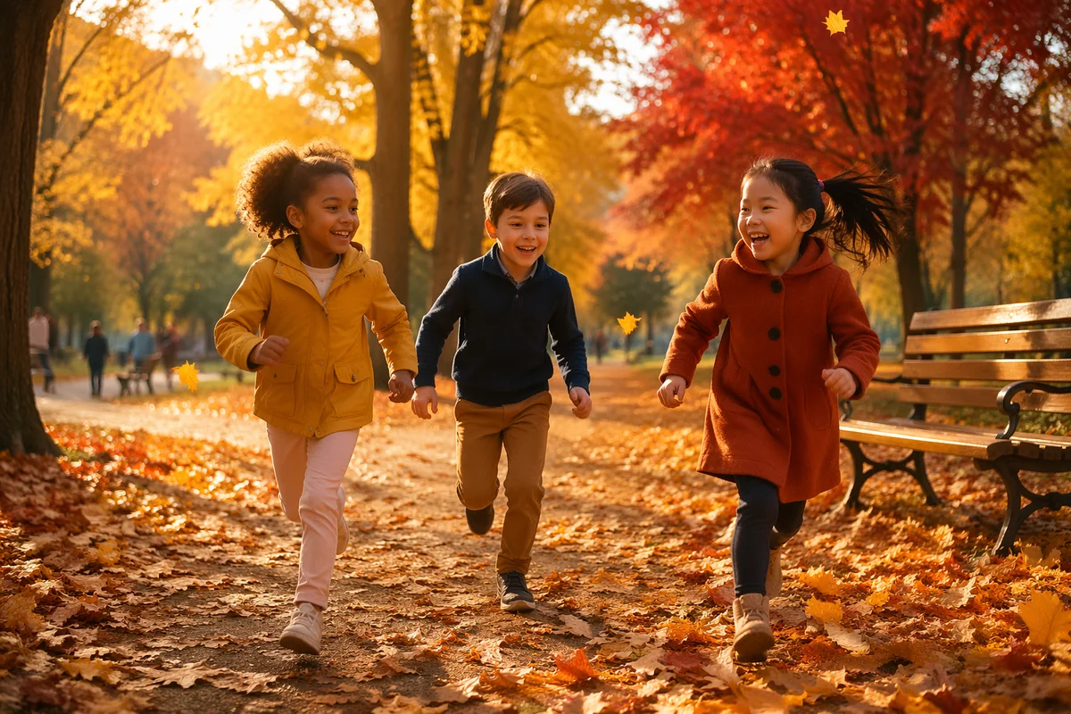 Children Running Through Autumn Park Leaves