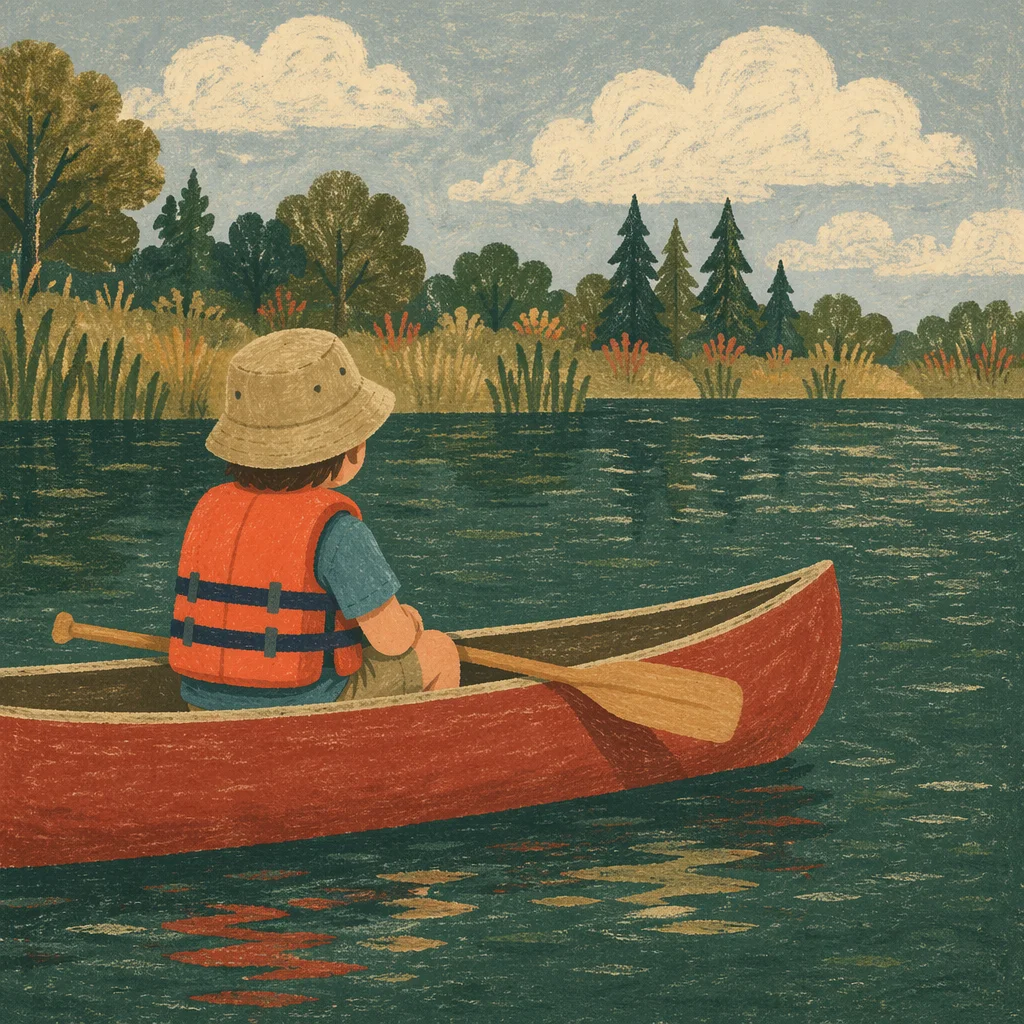 Child Canoeing on Peaceful Summer Lake