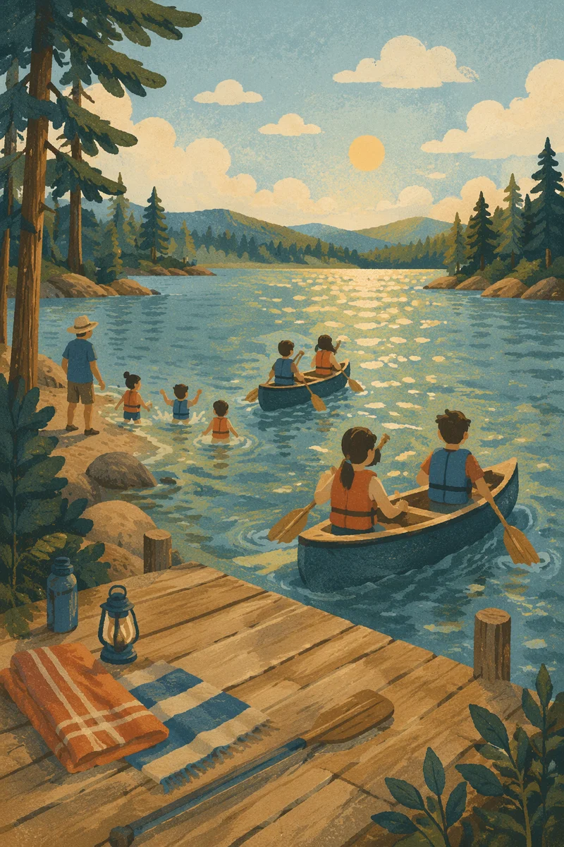 Kids Canoeing at Summer Camp Lake