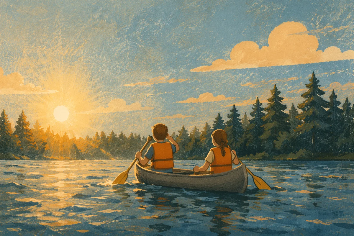 Kids Summer Camp Canoe on Calm Lake