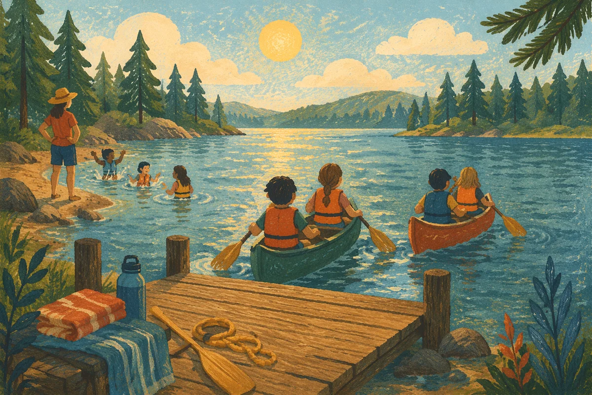 Kids Canoeing at Summer Camp Lake