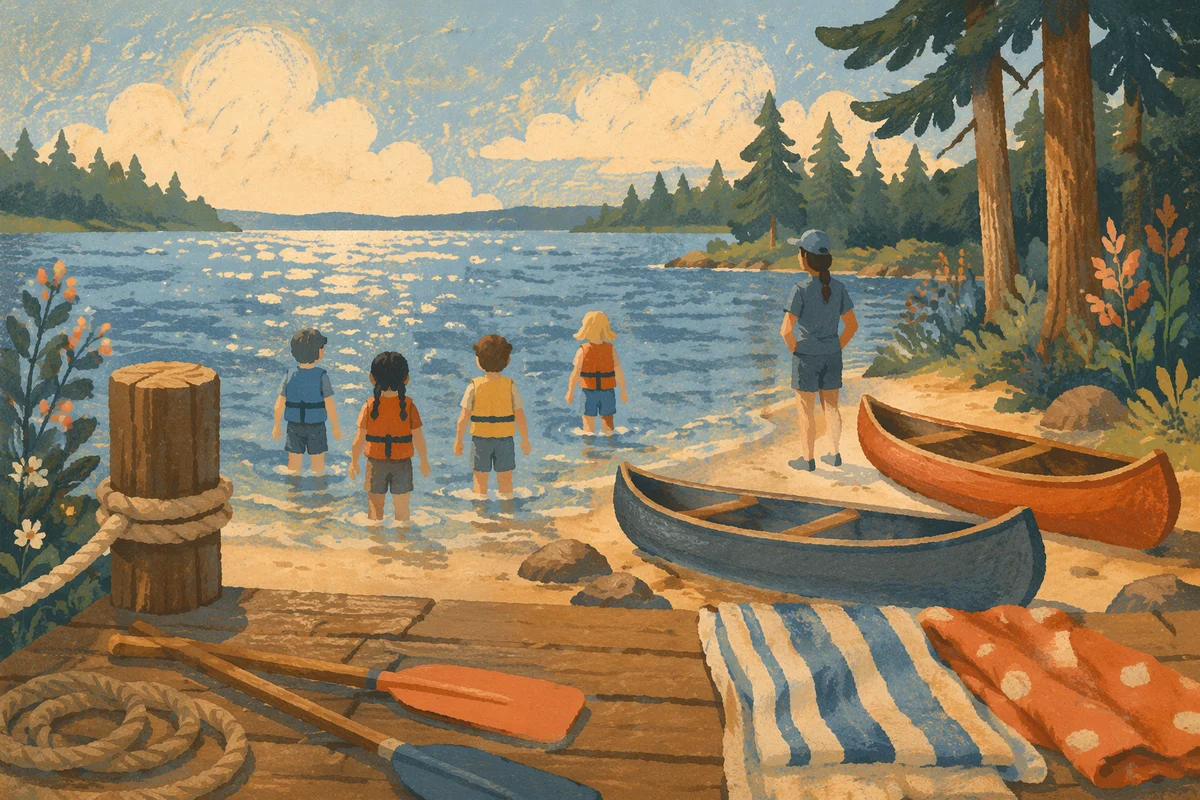 Kids Summer Camp Lake Canoe Scene