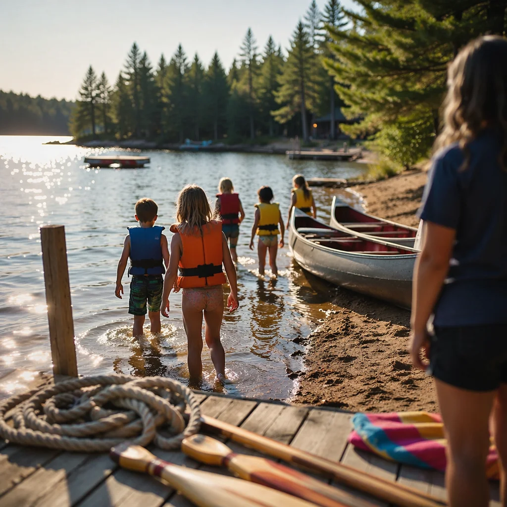 Kids Summer Camp Lake Canoe Scene