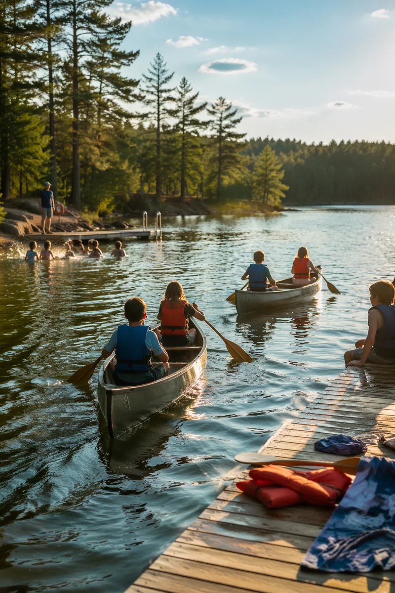 Kids Canoeing at Summer Camp Lake