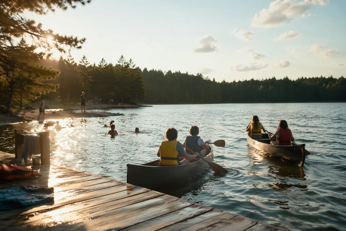 Kids Canoeing at Summer Camp Lake