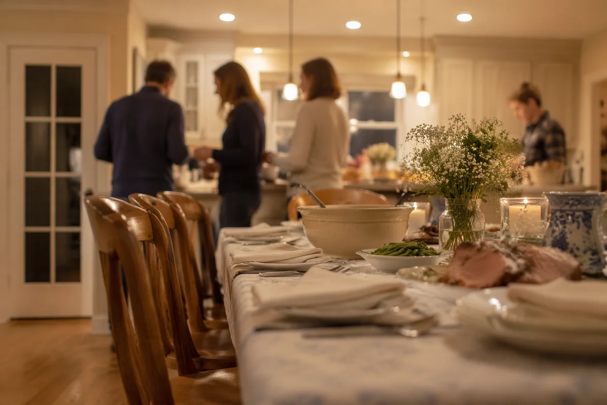 Warm Family Dinner Table in Home Kitchen
