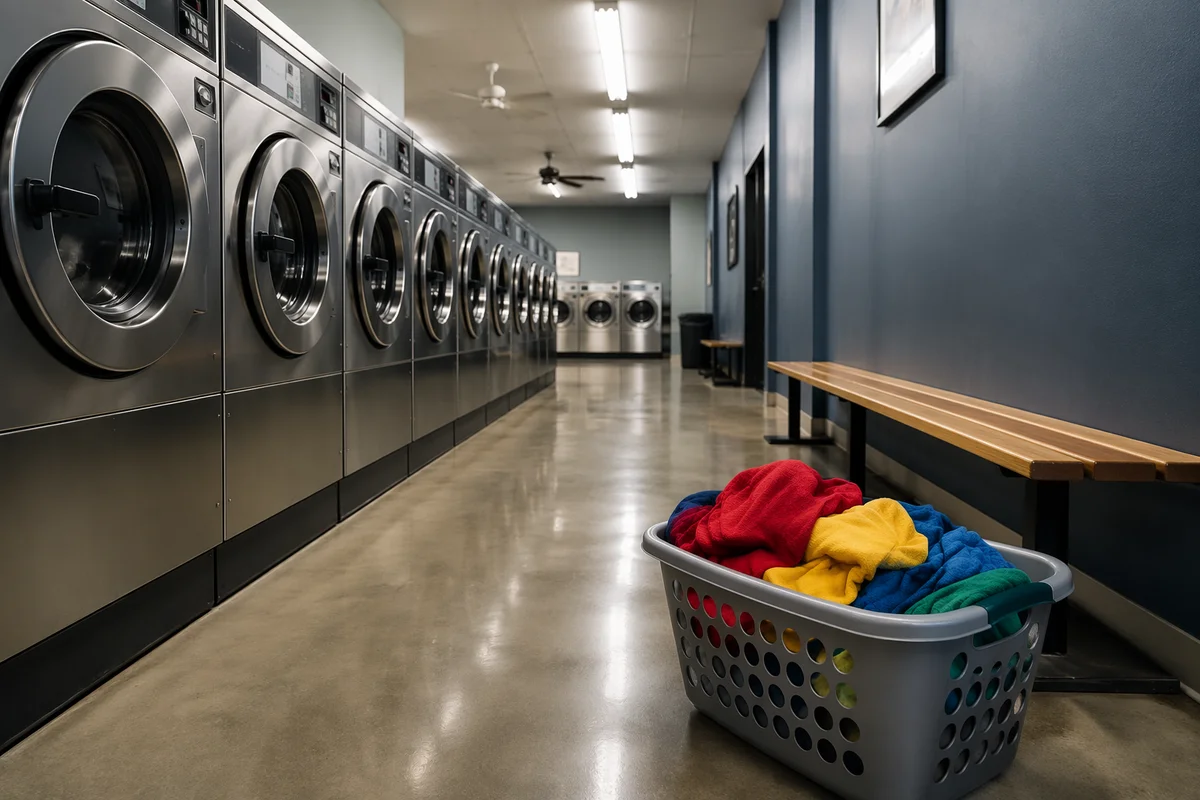 Colorful Clothes in Quiet Laundromat Aisle